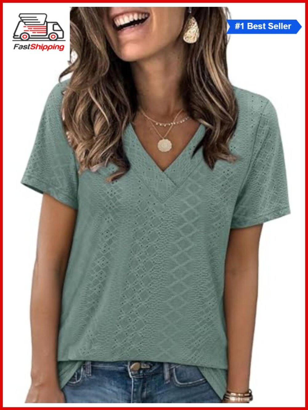 ✨Women's Eyelet Crossed V Neck Short Sleeve T-Shirt